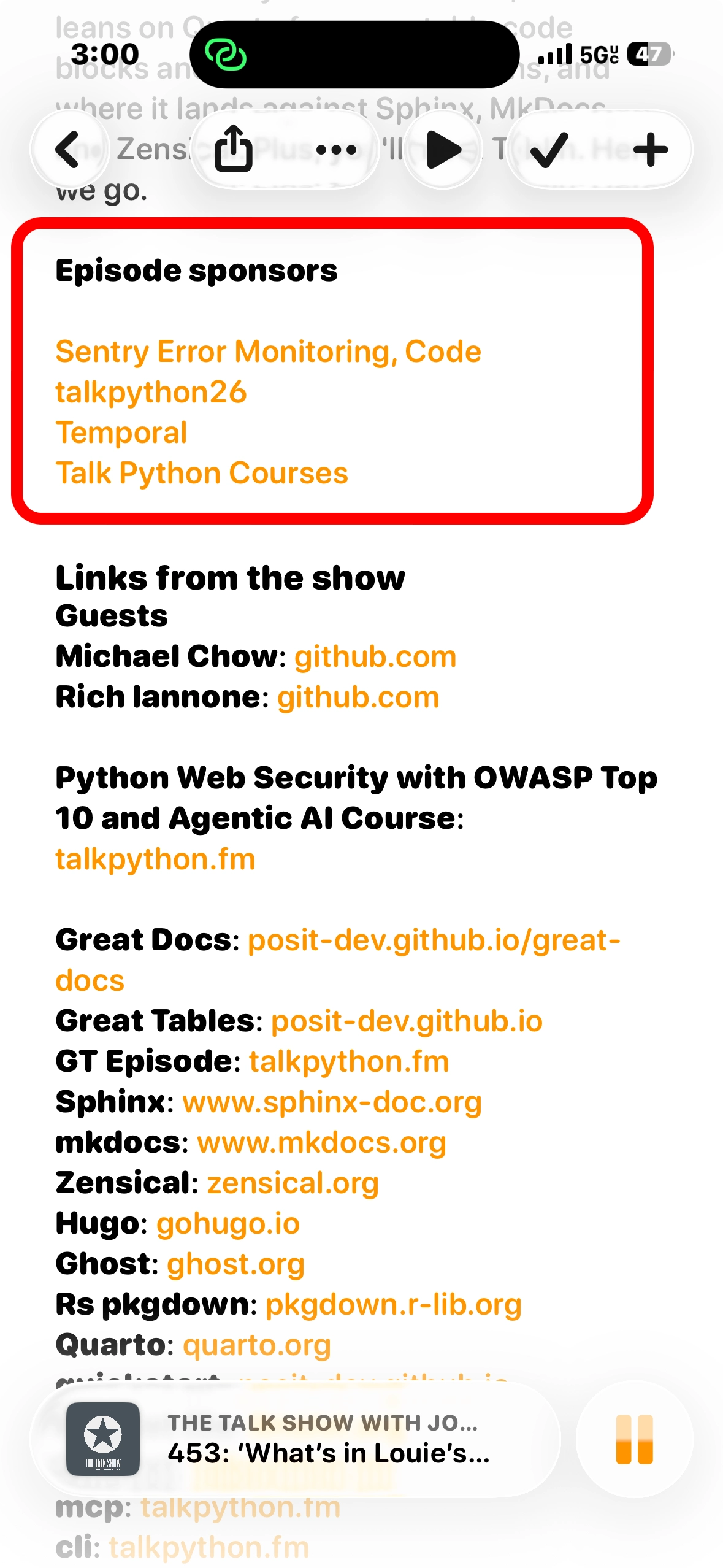 A podcast player showing the Talk Python episode sponsors block, with Sentry, Temporal, and Talk Python Courses listed