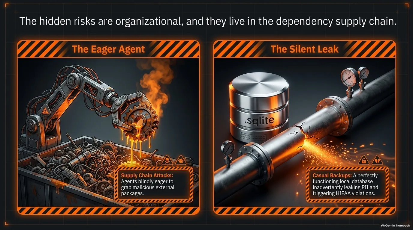 The hidden risks are organizational, and they live in the dependency supply chain. The Eager Agent: a robot arm drops a molten gear into a bin, agents eager to grab malicious external packages. The Silent Leak: a .sqlite canister beside a cracked pipe, a local database backup leaking PII and triggering HIPAA violations.