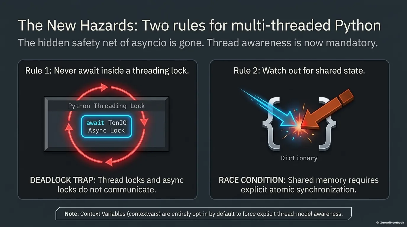 The New Hazards: Two rules for multi-threaded Python. The hidden safety net of asyncio is gone. Rule 1: Never await inside a threading lock (deadlock trap: thread locks and async locks do not communicate). Rule 2: Watch out for shared state (race condition in a dictionary). Note: contextvars are opt-in by default.