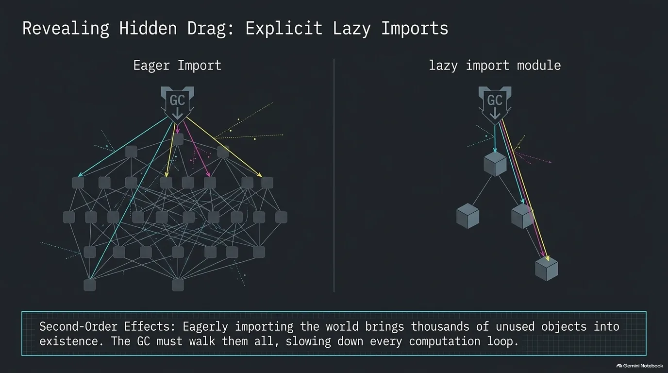 Revealing Hidden Drag: Explicit Lazy Imports. On the left, an eager import pulls in a dense web of modules that the garbage collector must walk; on the right, "lazy import module" loads only a few. Second-order effects: eagerly importing the world brings thousands of unused objects into existence. The GC must walk them all, slowing down every computation loop.