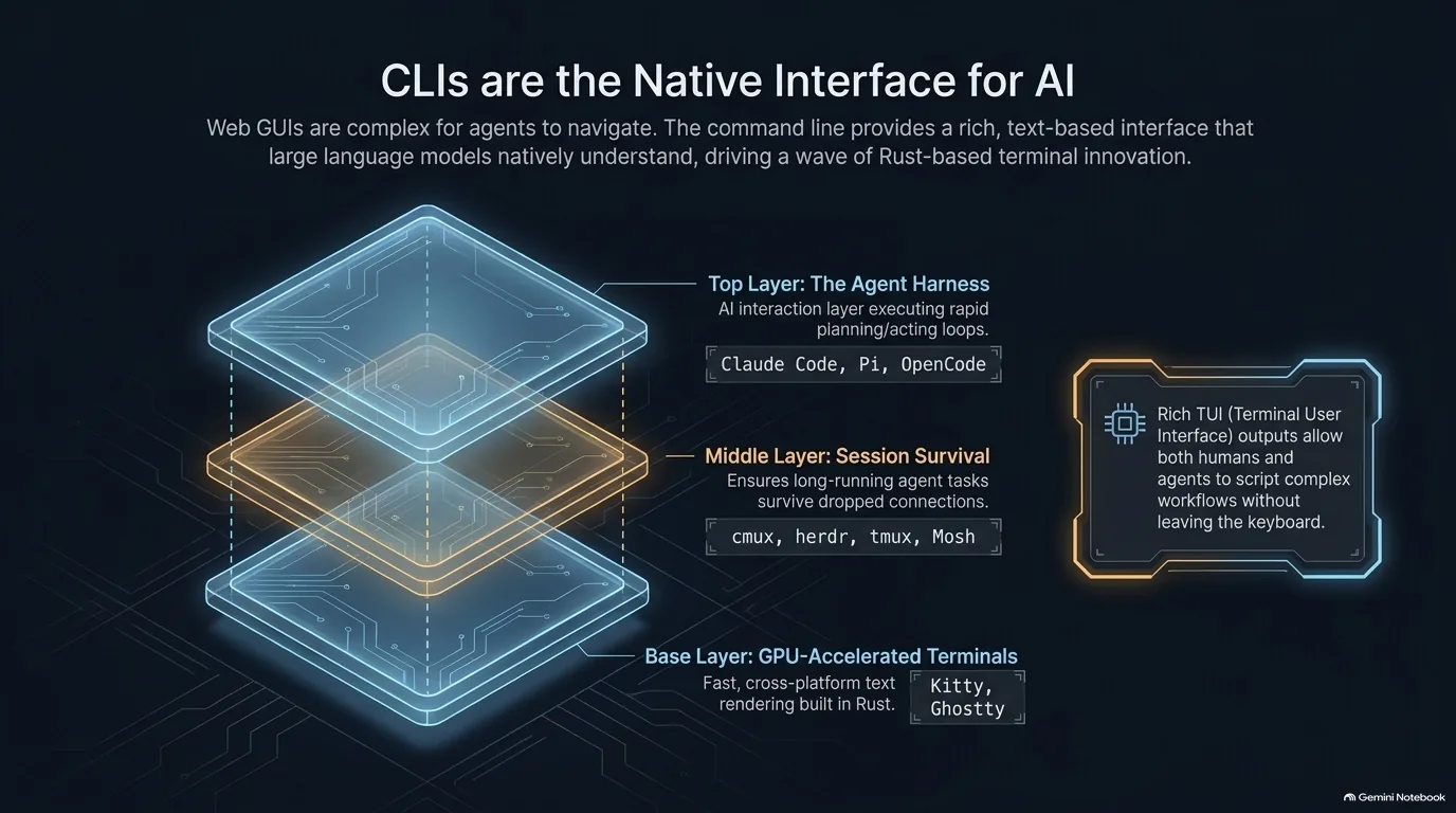 CLIs are the Native Interface for AI. A three-layer stack: the agent harness on top (Claude Code, Pi, OpenCode), session survival in the middle (cmux, herdr, tmux, Mosh), and GPU-accelerated terminals at the base (Kitty, Ghostty). Rich TUI outputs let humans and agents script complex workflows without leaving the keyboard.